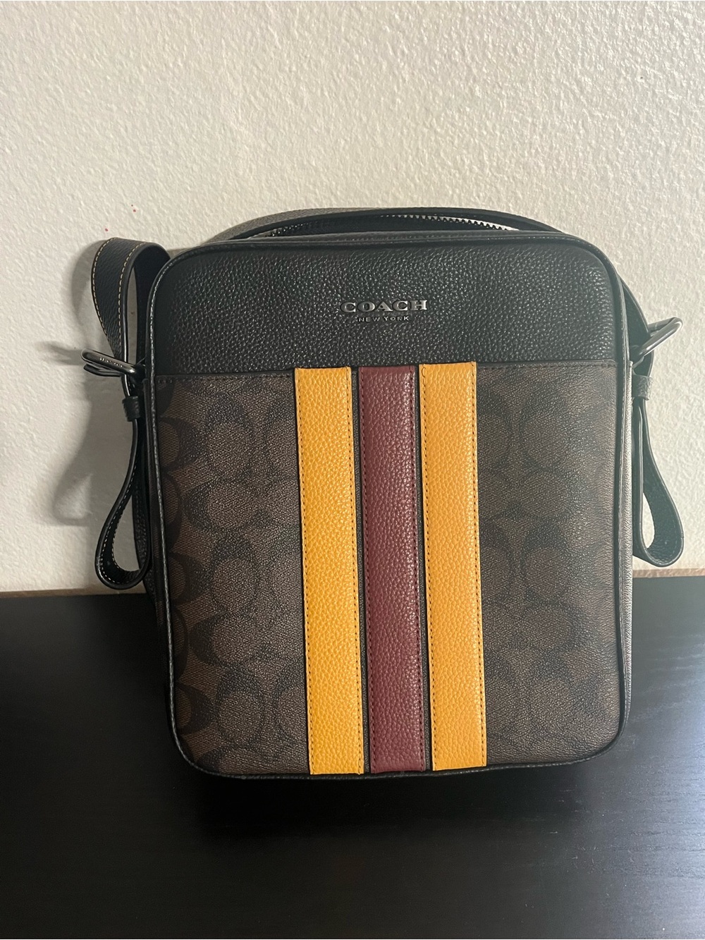 Coach Signature Crossbody with Yellow & Burgundy Center Stripes